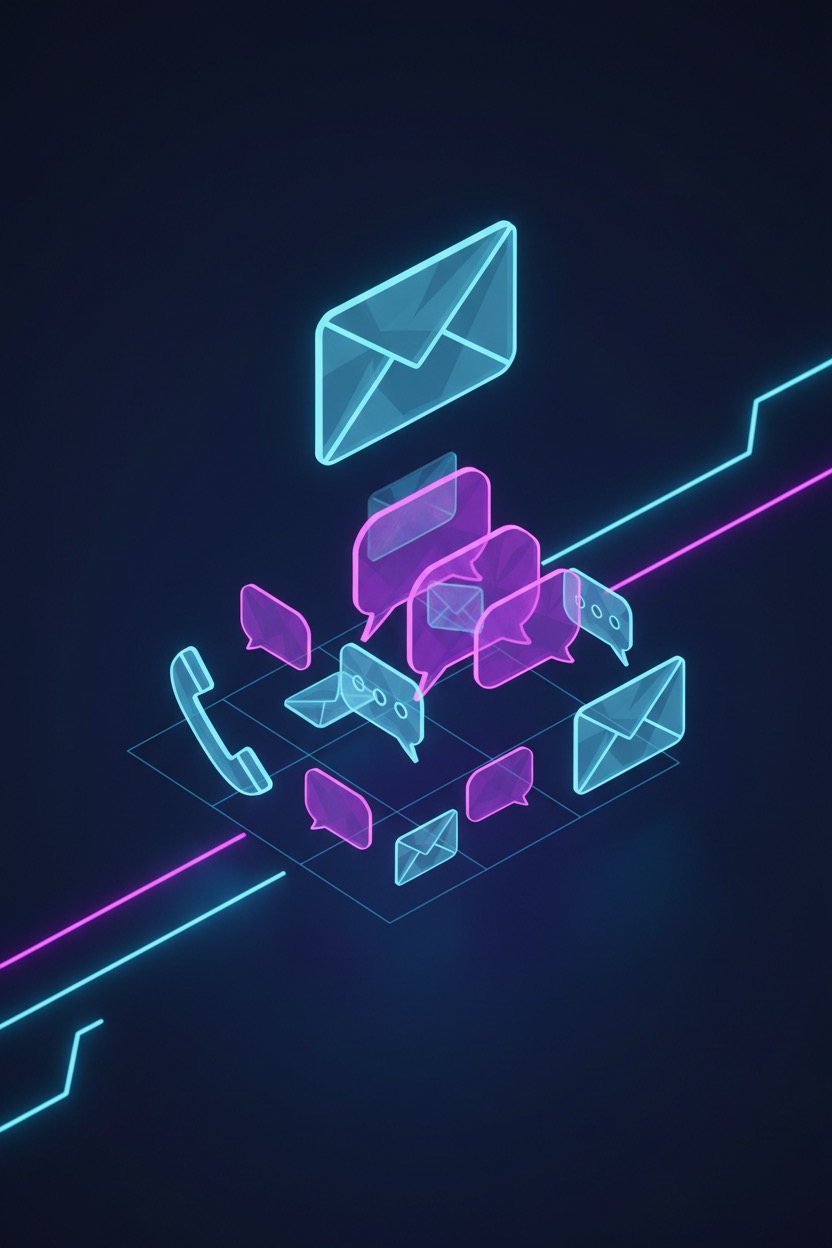 Neon blue and pink isometric icons of envelopes, speech bubbles, and a telephone handset float above a digital grid against a dark background.